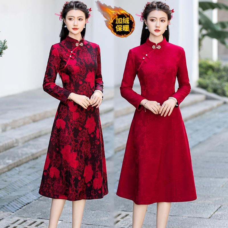 高贵礼服c加绒改良中国风旗袍女复古洋气质日常可穿遮肚显瘦连衣
