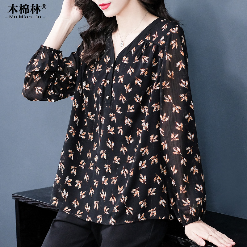 大码女装2025春秋新款胖MM优雅气质打底V领碎R花雪纺上衣遮肚显瘦