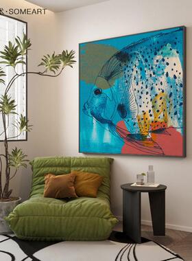 现代轻奢蓝色海洋客厅装饰画画鱼饭厅墙上壁画画玄关走廊正方形挂