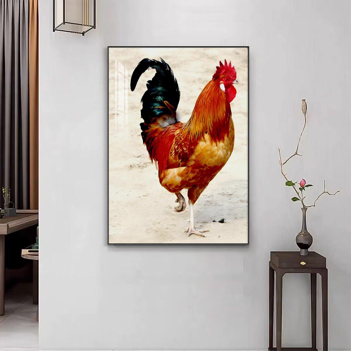 中式大公鸡挂画玄关风水国画壁画书房背景墙雄鸡图金鸡报晓装饰画图片