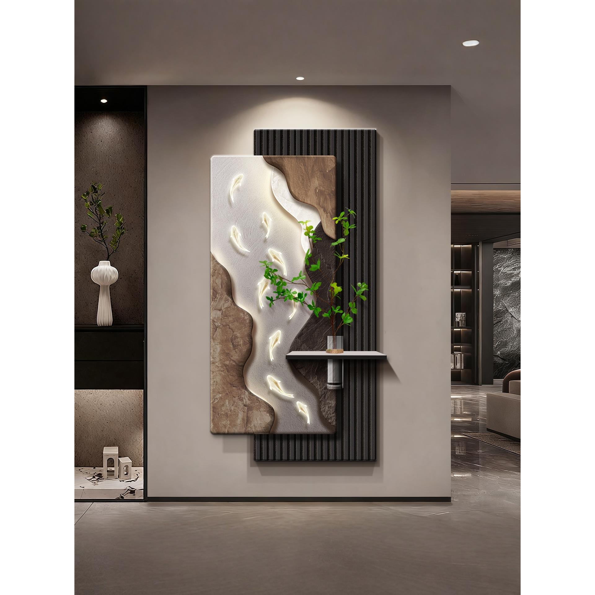 水培植物玄关九鱼图装饰画墙画轻奢高级感走廊尽头背景绿植壁挂画图片