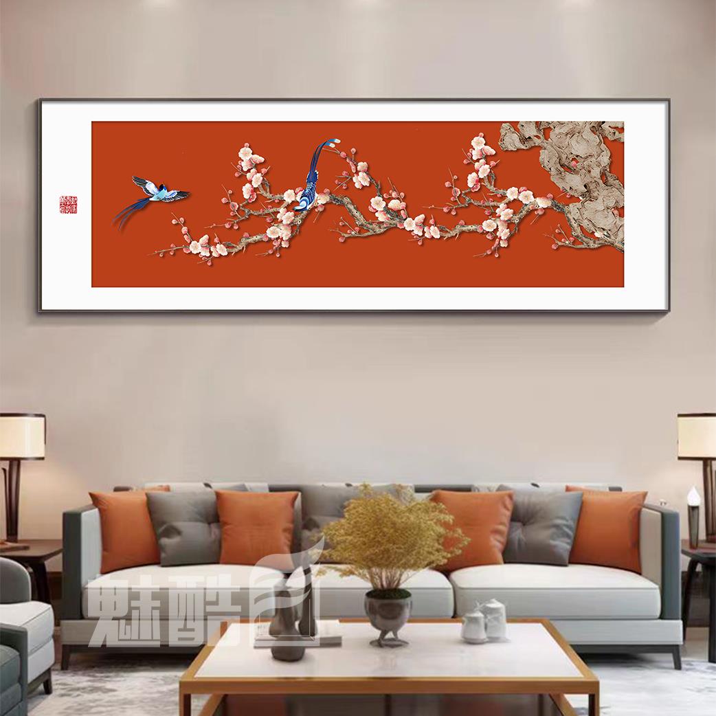 喜上枝头客厅挂画新中式装饰画高级沙发背景墙壁画喜庆花鸟画新款