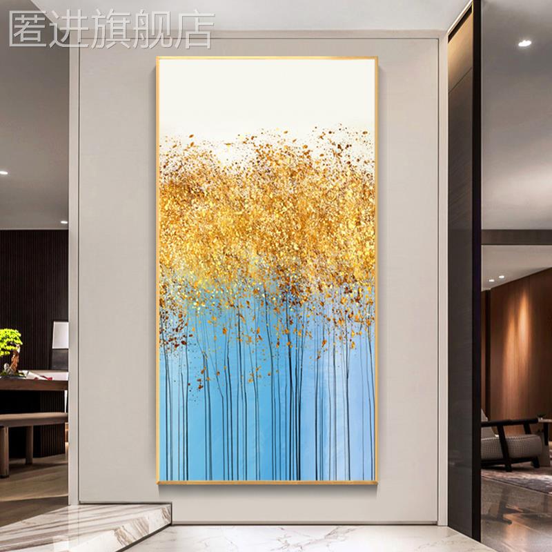 轻奢入户玄关发财树装饰画现代简约过道走廊手绘油画楼梯抽象挂画图片