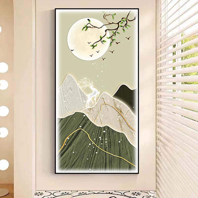 现代简约入户玄关装饰画正对门走廊过道竖版挂画轻奢大气麋鹿壁画图片