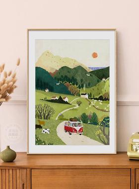 出游一起去露营温馨治愈餐厅装饰画小清新绿色风景客厅卧室挂画