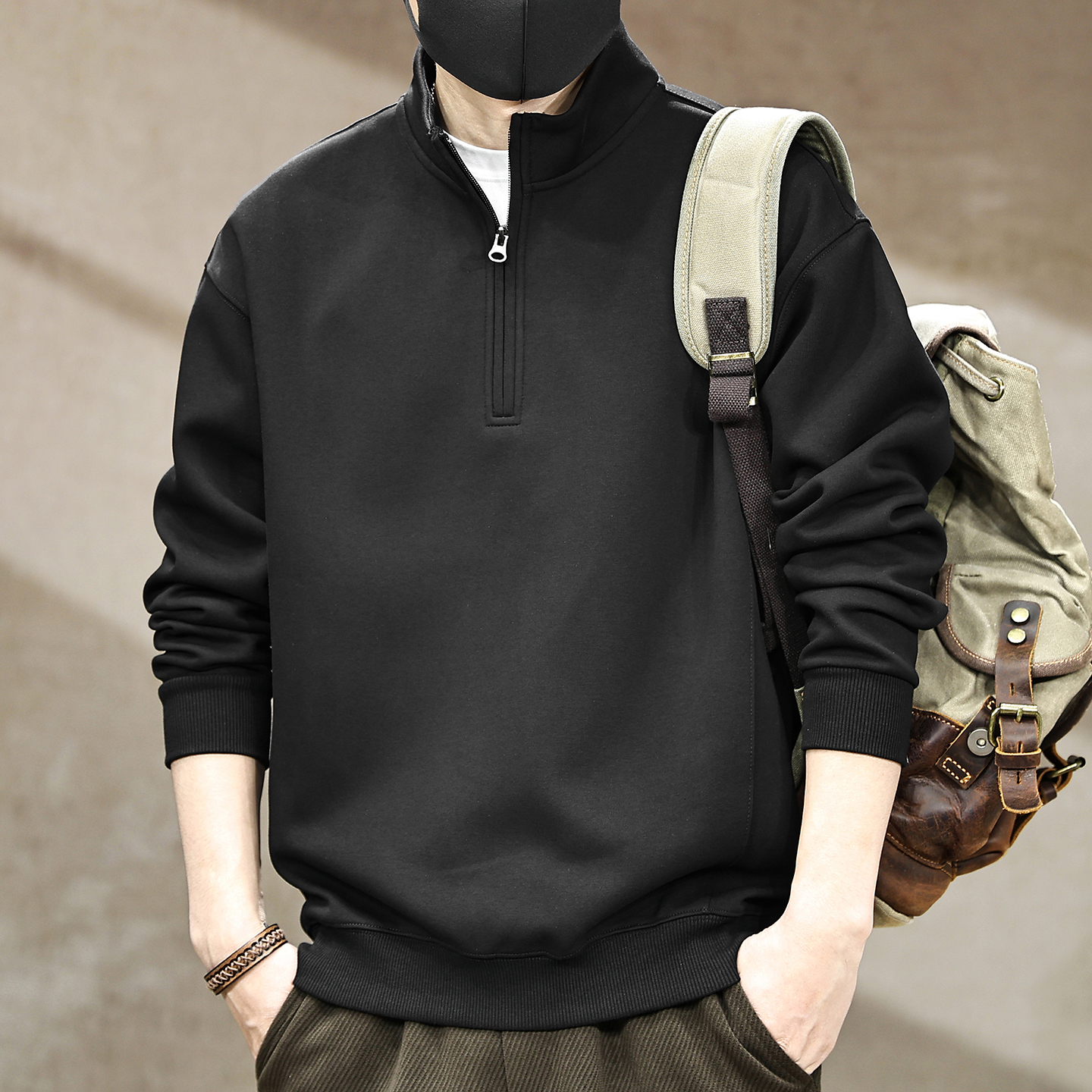 【美式春秋新款简约半拉链卫衣】