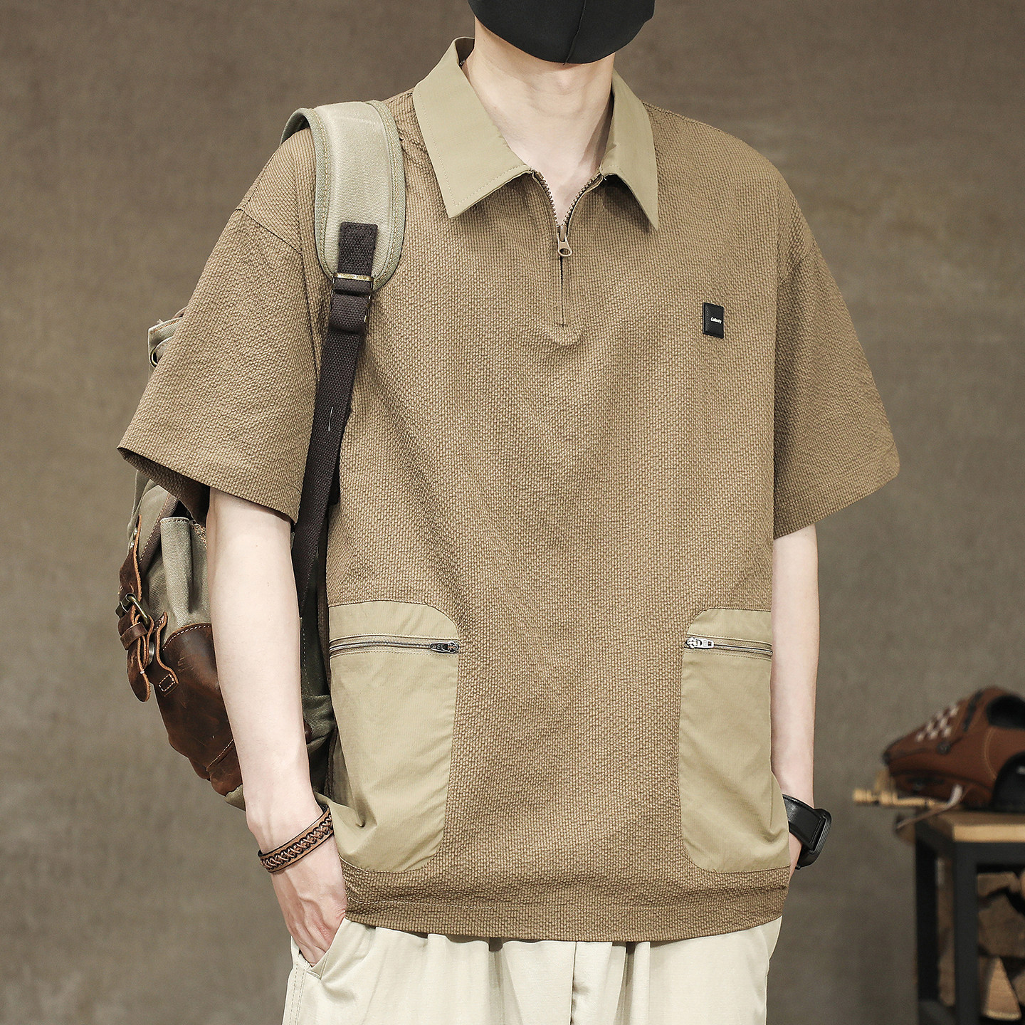 夏季2026新款潮牌撞色速干短袖polo衫男宽松大码工装口袋翻领t恤