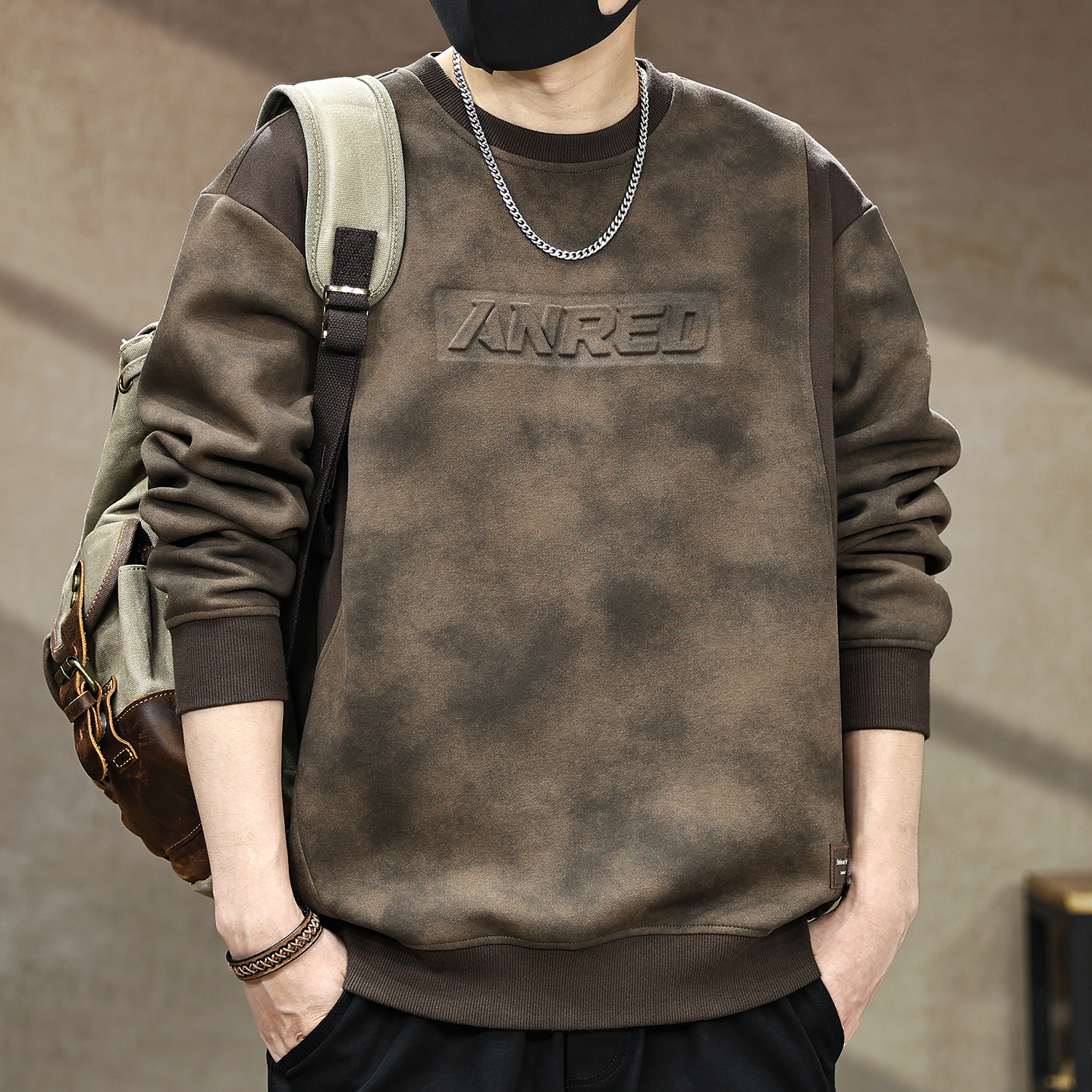 美式潮牌重磅复古拼接钢印卫衣男士秋季新款上衣百搭长袖外套潮男