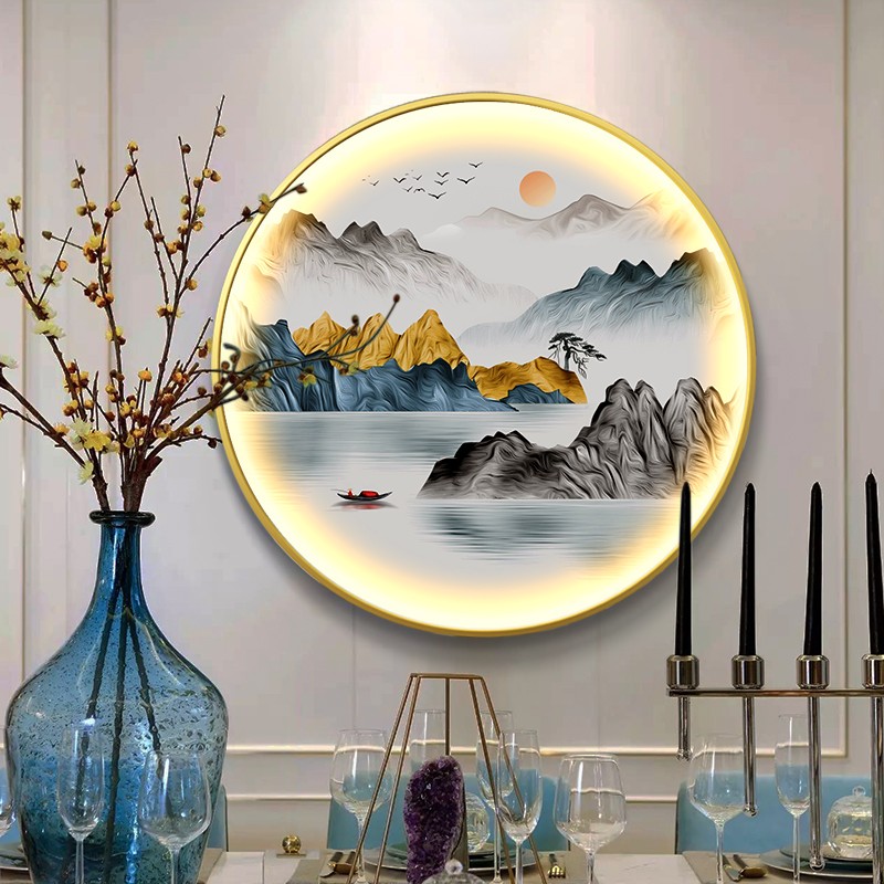 定制图案新中式玄关装饰画带灯y灯画圆形发光壁画走廊过道LED挂画图片