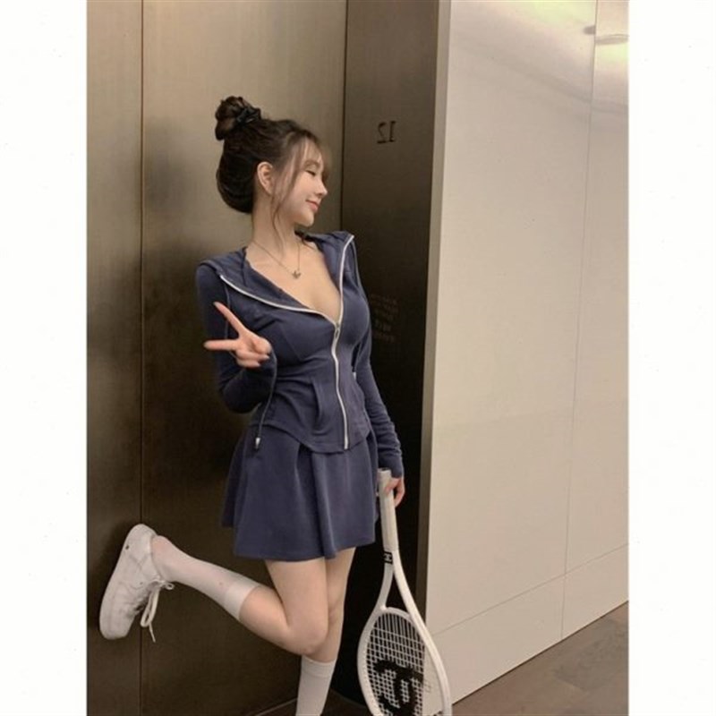 运动甜辣妹气质时尚套装女夏w季蓝色薄款卫衣外套高腰半身裙两件