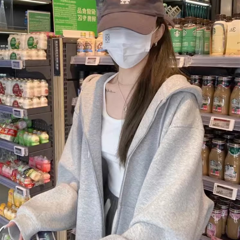 大码卫衣外d套女胖MM春秋开衫韩版慵懒风bf连帽拉链薄款秋季宽松