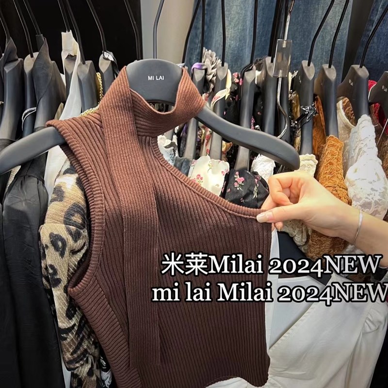 设计感小众e咖色不规则无袖吊带背心女204秋季新款外穿显瘦上衣