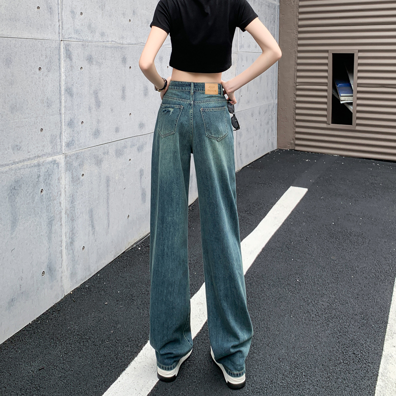 破洞阔腿牛仔裤女春秋2024年新款高腰窄版直筒宽松垂Z感拖地裤子