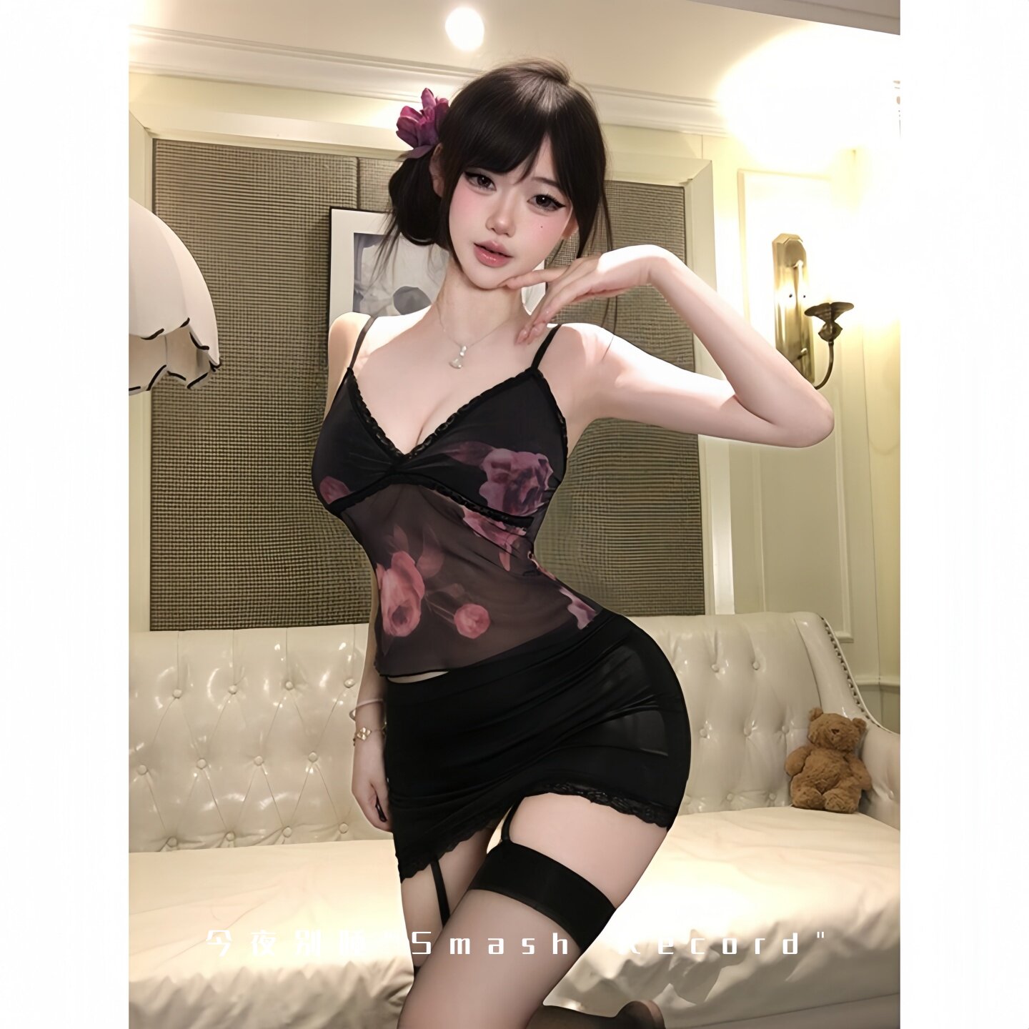 新款原创甜美透视玫瑰吊带裙纯欲辣妹性感居家睡裙约会短裙套装女