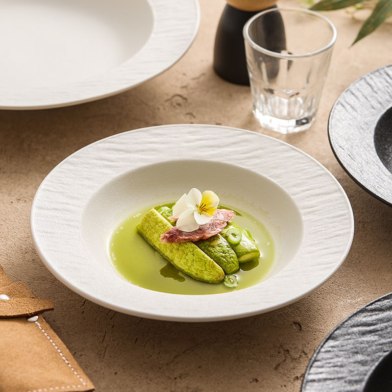 创意草帽汤盘陶瓷西餐餐盘意面盘沙拉盘岩石纹带边盘子深盘家用