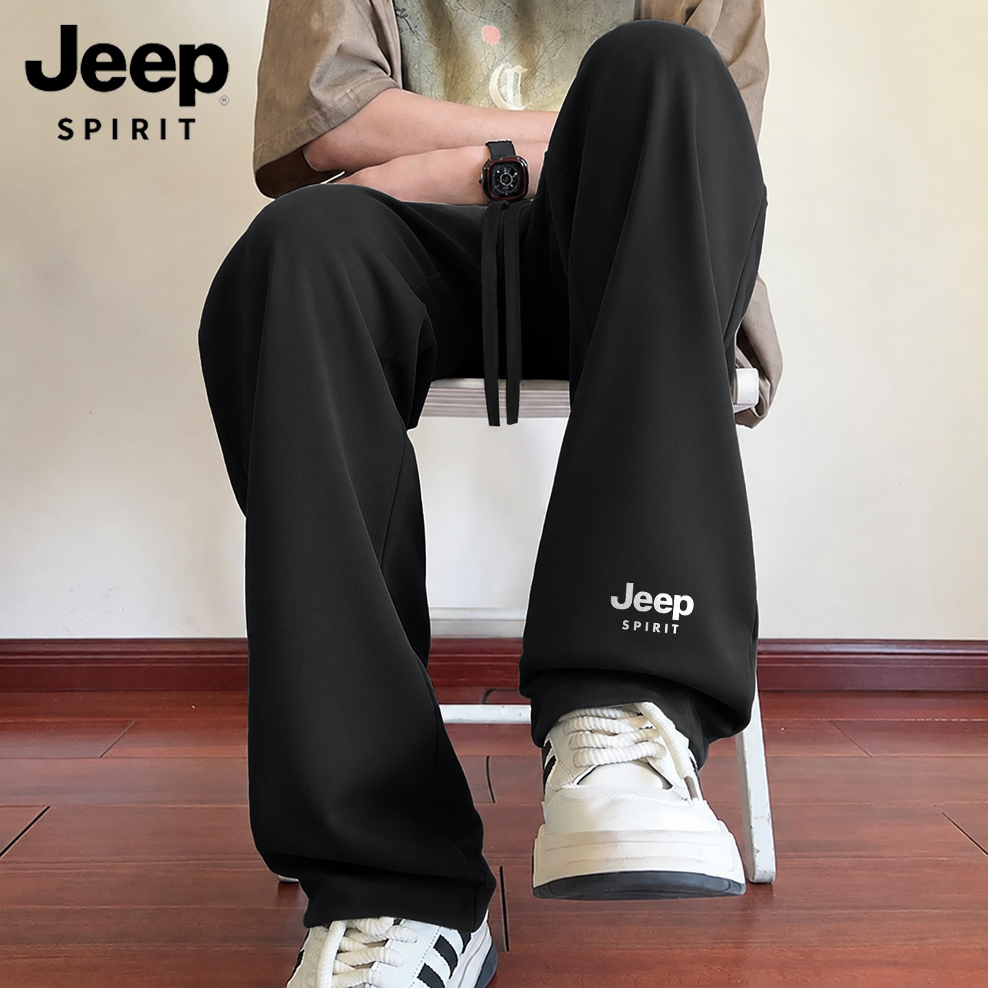 JEEP吉普黑色痞帅裤子男士青少年新款秋季美式潮流重磅直筒长裤L