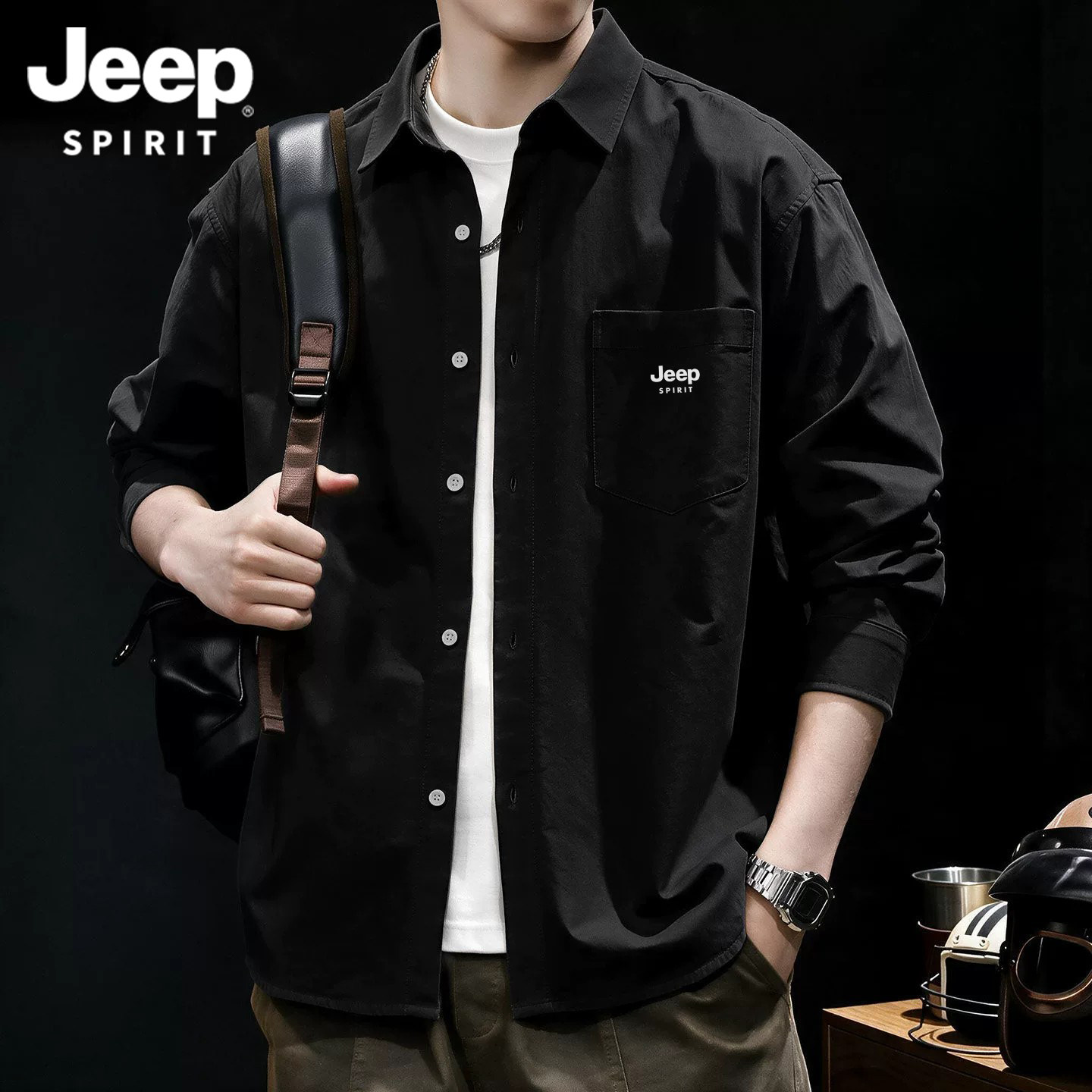 吉普JEEP黑色商务风衬衫男士秋季100%纯棉宽松休闲翻领长袖衬衣L