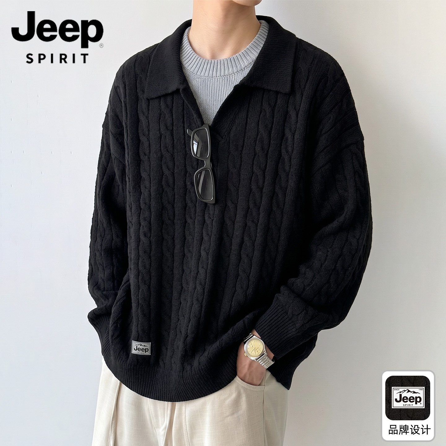 Jeep吉普假两件老钱风亨利领套头针织衫上衣男打底宽松慵懒毛衣L