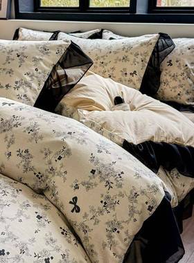 式赫本风2边025新款四件套纯法棉复KSH古床花卉黑色花被套上用品