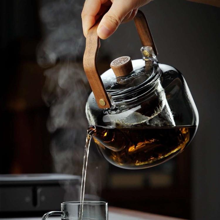围炉煮茶壶提梁套组高硼硅玻茶壶胡桃木把煮壶茶壶印花壶双胆蒸璃