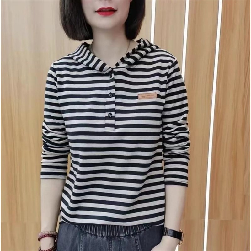 中年妈妈连帽条纹t恤女2024新款春G秋纯棉长袖薄款卫衣洋气打底衫