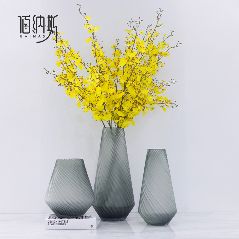 简约北欧灰套装玻璃磨刻条纹花器餐桌电视柜样板房插干花摆件饰品