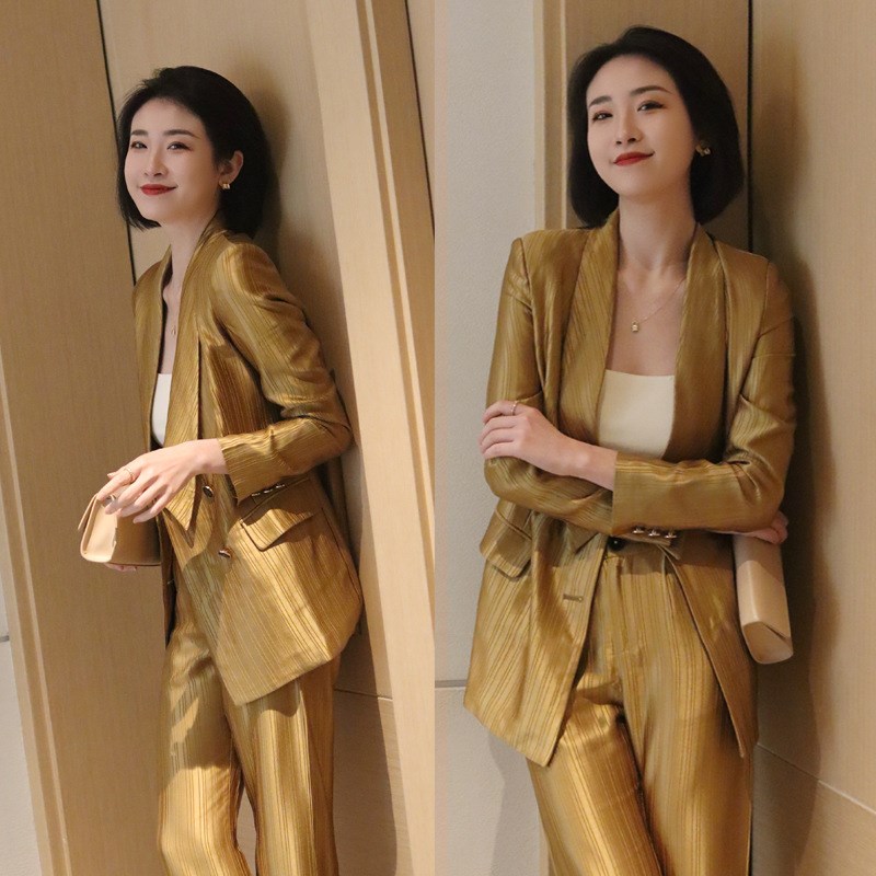 2022夏季薄款高级感醋酸长袖西装套装女时尚正装气质西.服两件套