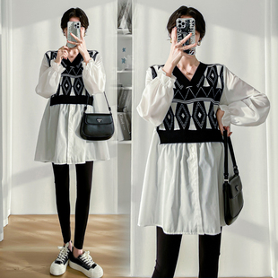 衬衫 假e两件长袖 2023新款 宽松休闲上衣时尚 怀孕T恤 孕妇装 春季 春装