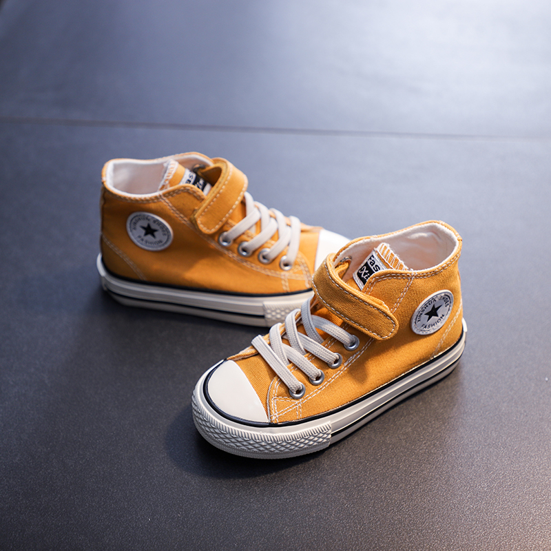 儿童高帮帆布鞋男童女童韩版室内幼儿园姜黄色平底休闲鞋球鞋布鞋