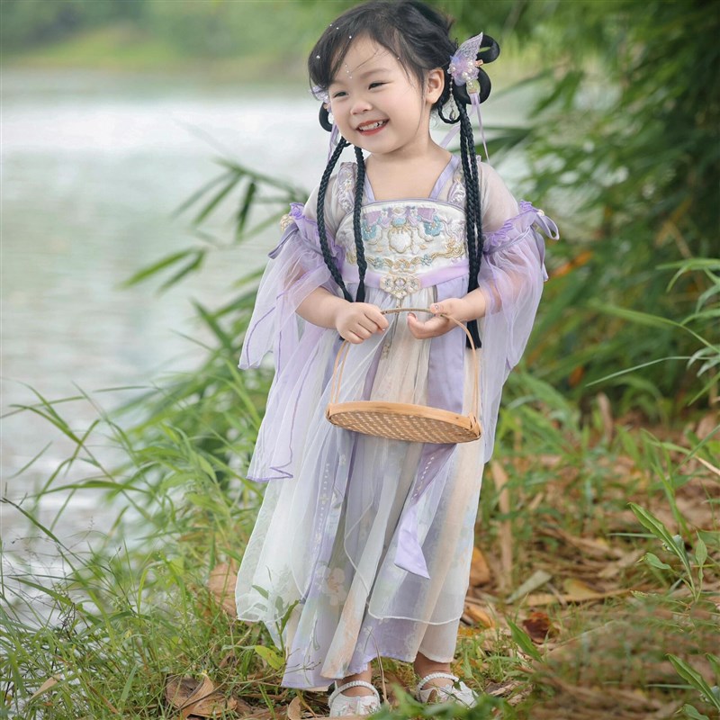 女童汉服奶紫色连衣裙新款儿童古风襦裙女宝宝国风公主裙甜美公主