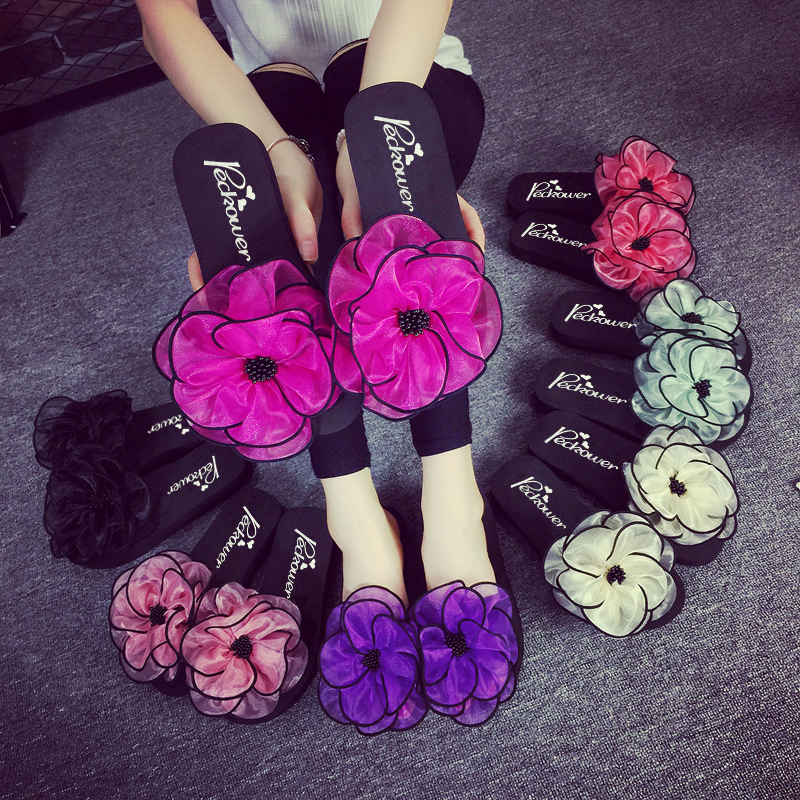 遮脚百搭2021时尚外穿拖鞋女夏平跟一字拖鞋松糕大花朵沙滩凉拖鞋