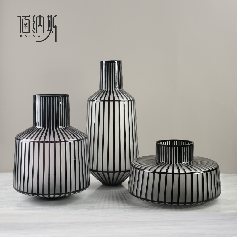 北欧极简欧式黑色条纹三件套手工磨砂玻璃花瓶超大落地室内插花器