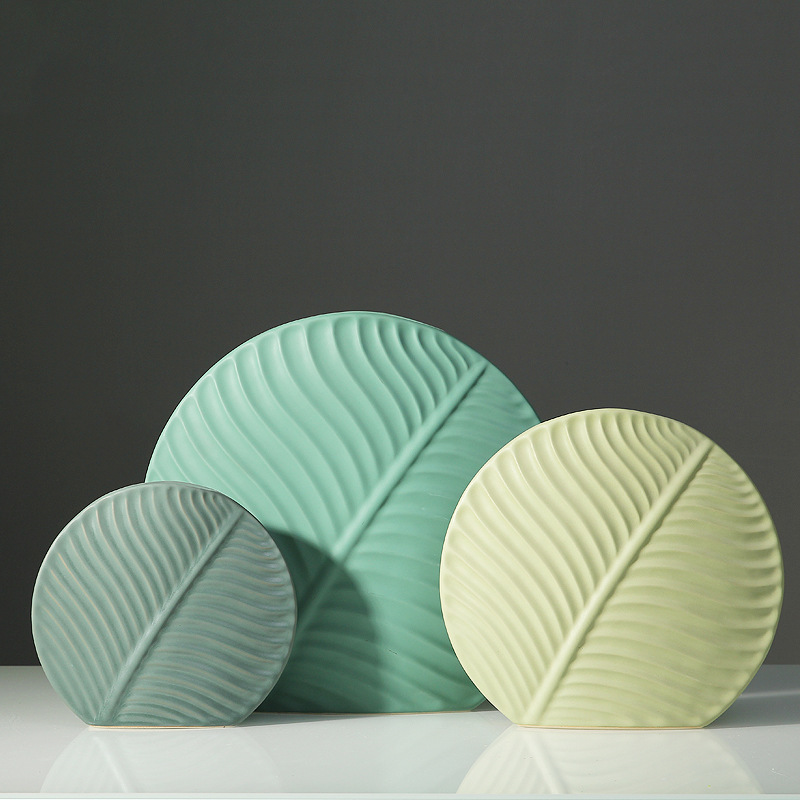 北欧陶瓷花瓶客厅装饰品插花花瓶桌面创意绿色树叶花艺摆件