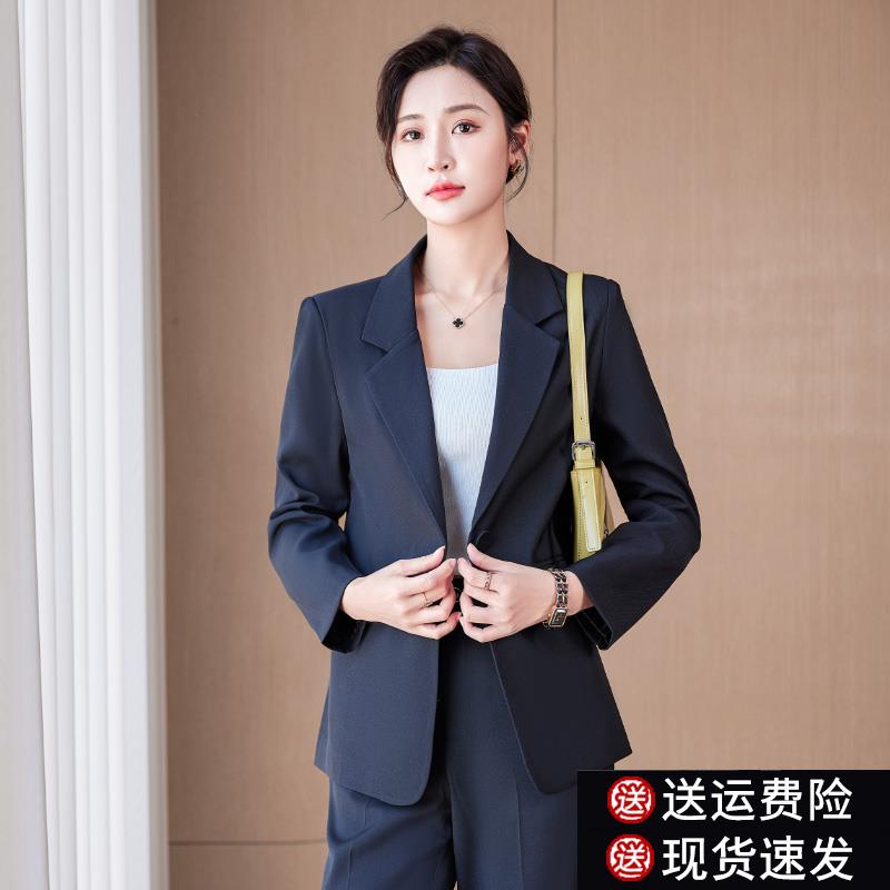 西装套装女春秋正装大学生答辩教资面试职业工作宽松黑小西服外套
