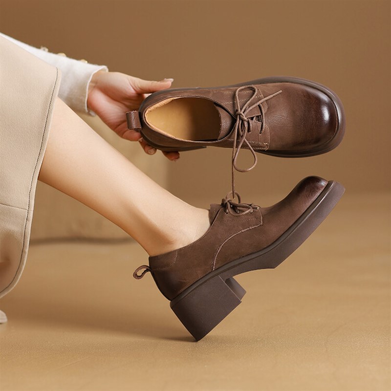 复古擦色棕色系带增高小皮鞋头层牛皮圆头厚底粗跟高跟深口单鞋女