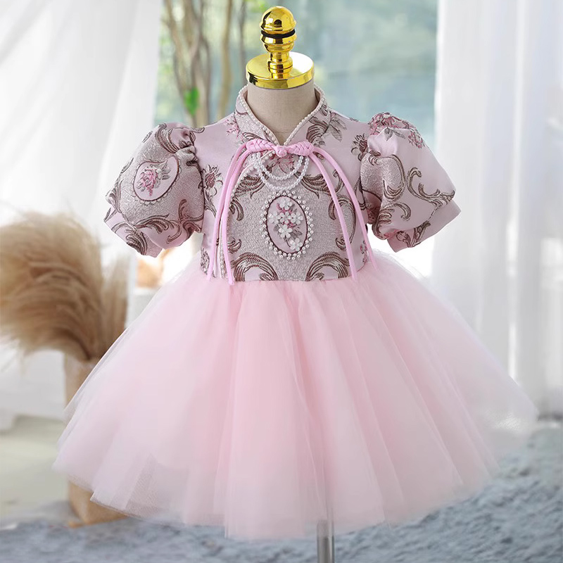 女童高端礼服洋气公主裙唐装粉色蓬蓬纱J周岁生日钢琴表演走秀中