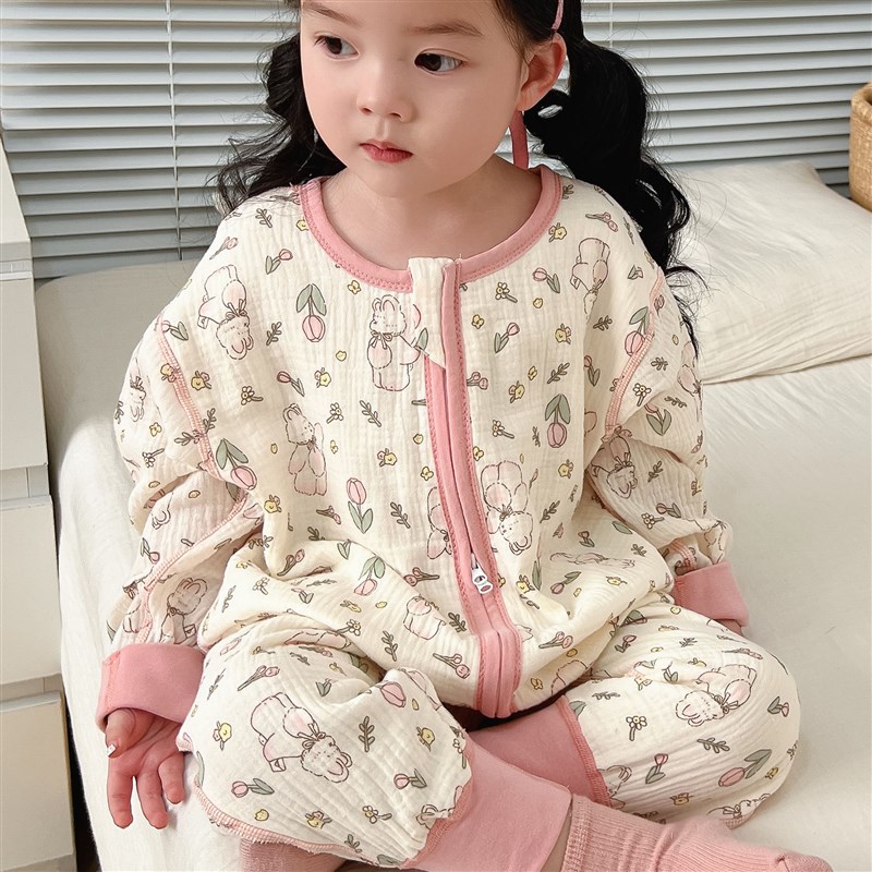 儿童纱布睡袋连体婴儿睡衣2024春夏新款女童无痕男童宝宝前四后二