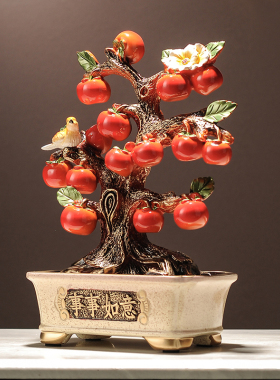 新中式盆栽柿子树装饰摆饰 乔迁新居客厅玄关电视柜酒柜办公饰品