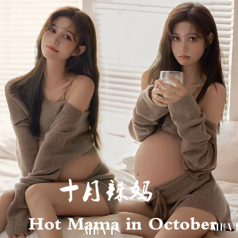 新款影楼孕妇拍照服装温馨居家y针织大肚妈咪写真摄影艺术照片服