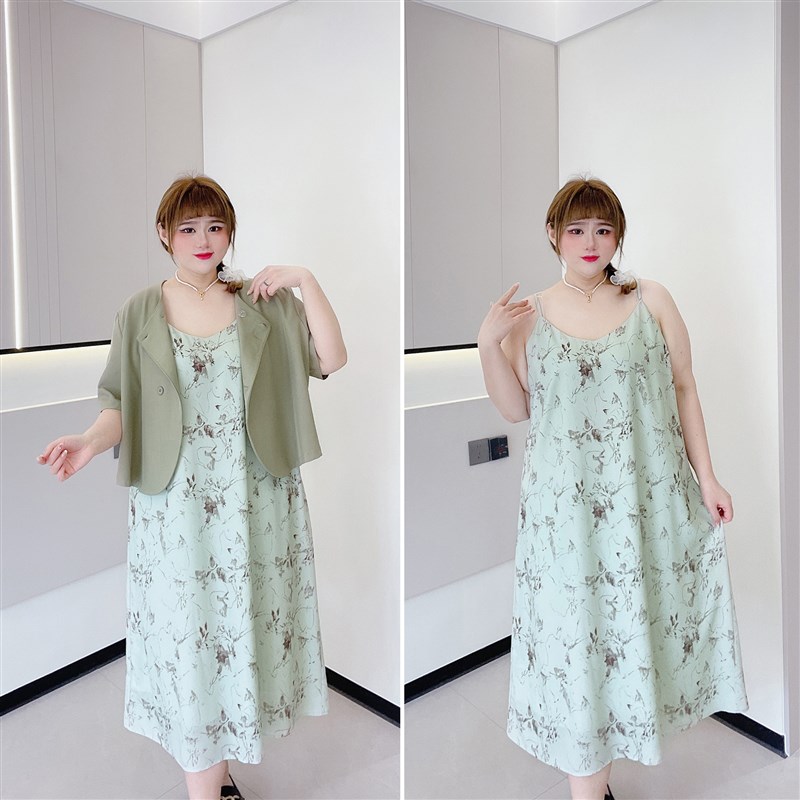 胖仙女莹莹大码女装胖mm夏季通勤短袖遮肉外套水墨吊带连衣裙套装