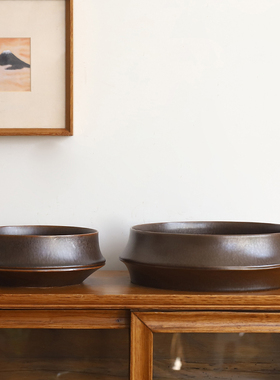 仿古陶瓷竹节花盘 墨蓝色的花器中式花道插花花器器皿深口大花盆