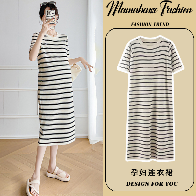 孕妇连衣裙短袖薄款中长款条纹冰丝针织宽松显瘦遮肚2024新款夏季