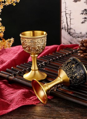 纯黄铜浮雕龙g凤高脚杯复古做旧白酒杯金属一口杯家用婚庆酒具摆