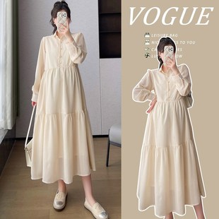 新款 中长款 韩版 宽松纯色简约气质大码 连W衣裙过膝长 时尚 孕妇春装