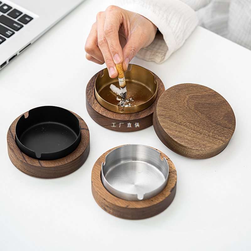 胡桃木烟灰缸创意个性潮流轻奢有盖防飞灰家用办公室实木烟灰缸