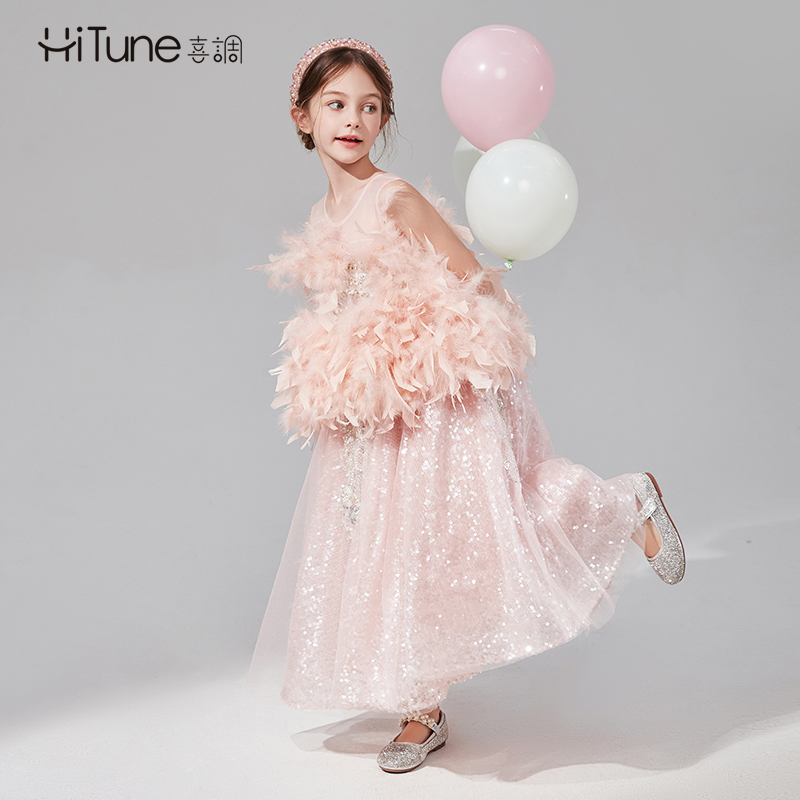 高端洋气粉色羽毛亮片轻奢女童礼服公主裙钢琴走秀主持演出服春夏