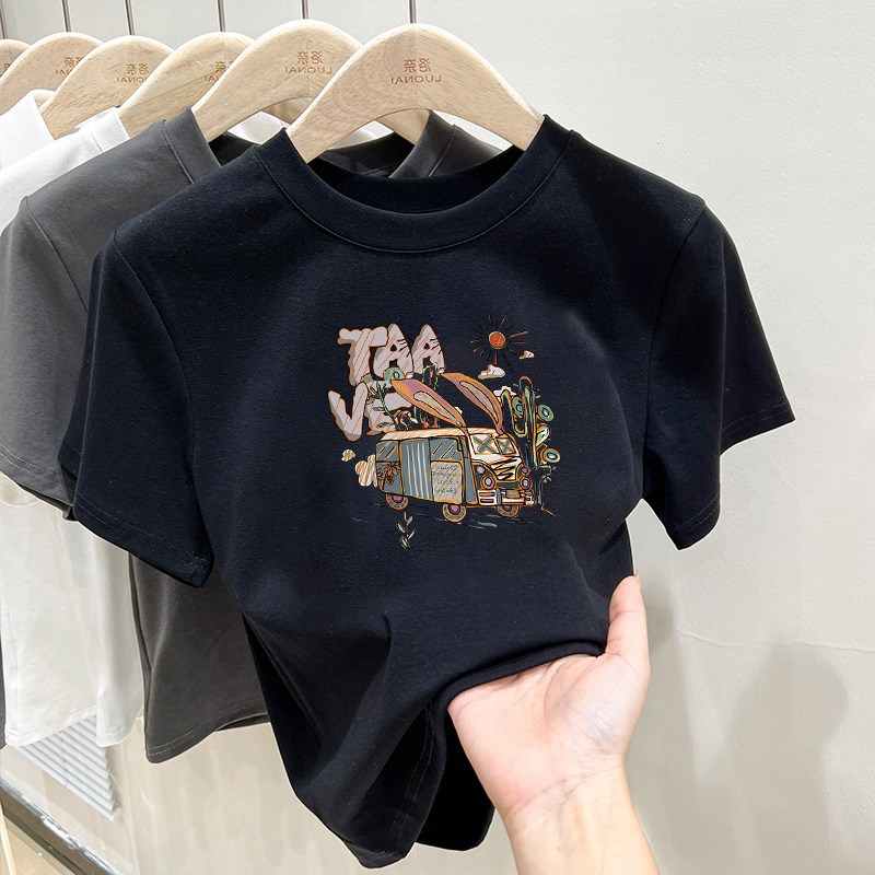 正肩纯棉短袖t恤女装时尚百搭20C25新款减龄洋气白色圆领上衣夏季
