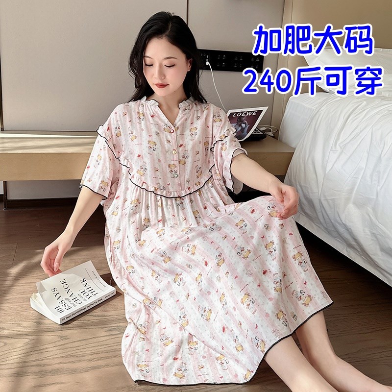 200斤大码睡裙女夏季短袖棉纱孕妇睡衣妈妈纱布连衣裙百褶睡衣裙