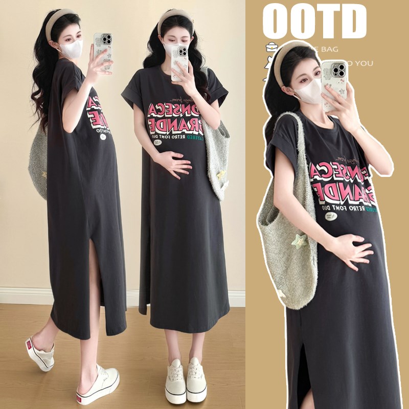 大码孕妇连衣裙2025夏季短袖T恤裙长款休闲宽松过膝开叉显瘦200斤