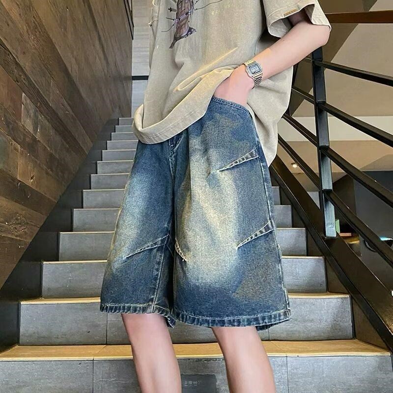 春夏季薄款透气牛仔短裤男美式复古运动休闲裤潮牌宽松阔腿五分裤